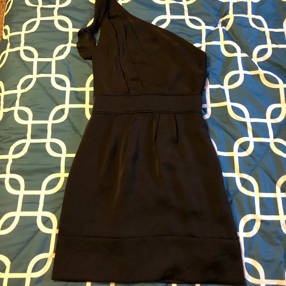 Black satin one shoulder cocktail dress
